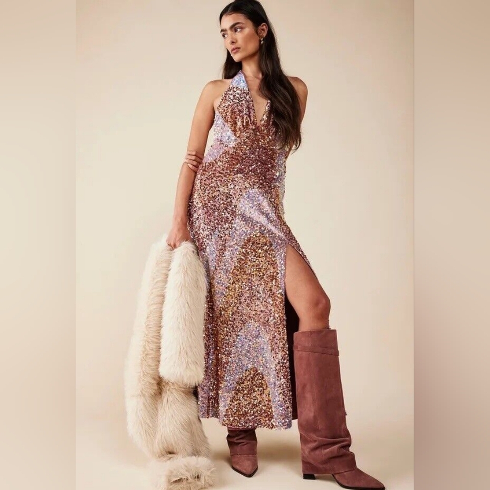 Free People Glitter & Gold Sequins Midi Dress